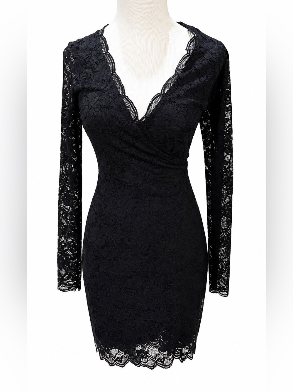 bebe Black Lace Long-Sleeve Wrap Dress XS